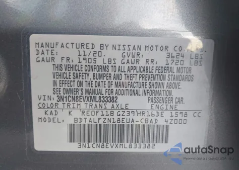 2021 Nissan Versa Sv Xtronic Cvt z USA, uszkodzony, nr VIN 3N1CN8EVXML833382